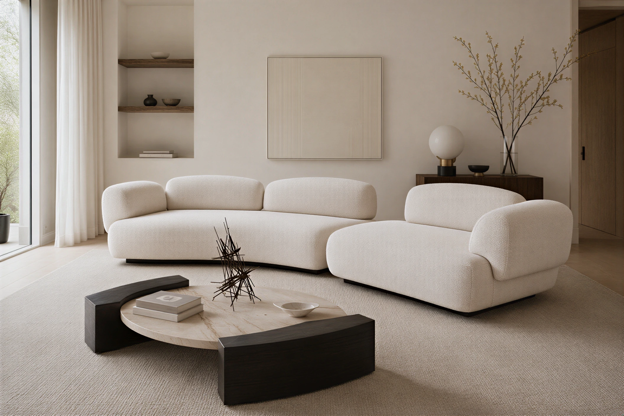 Warm walnut living room with low modular seating