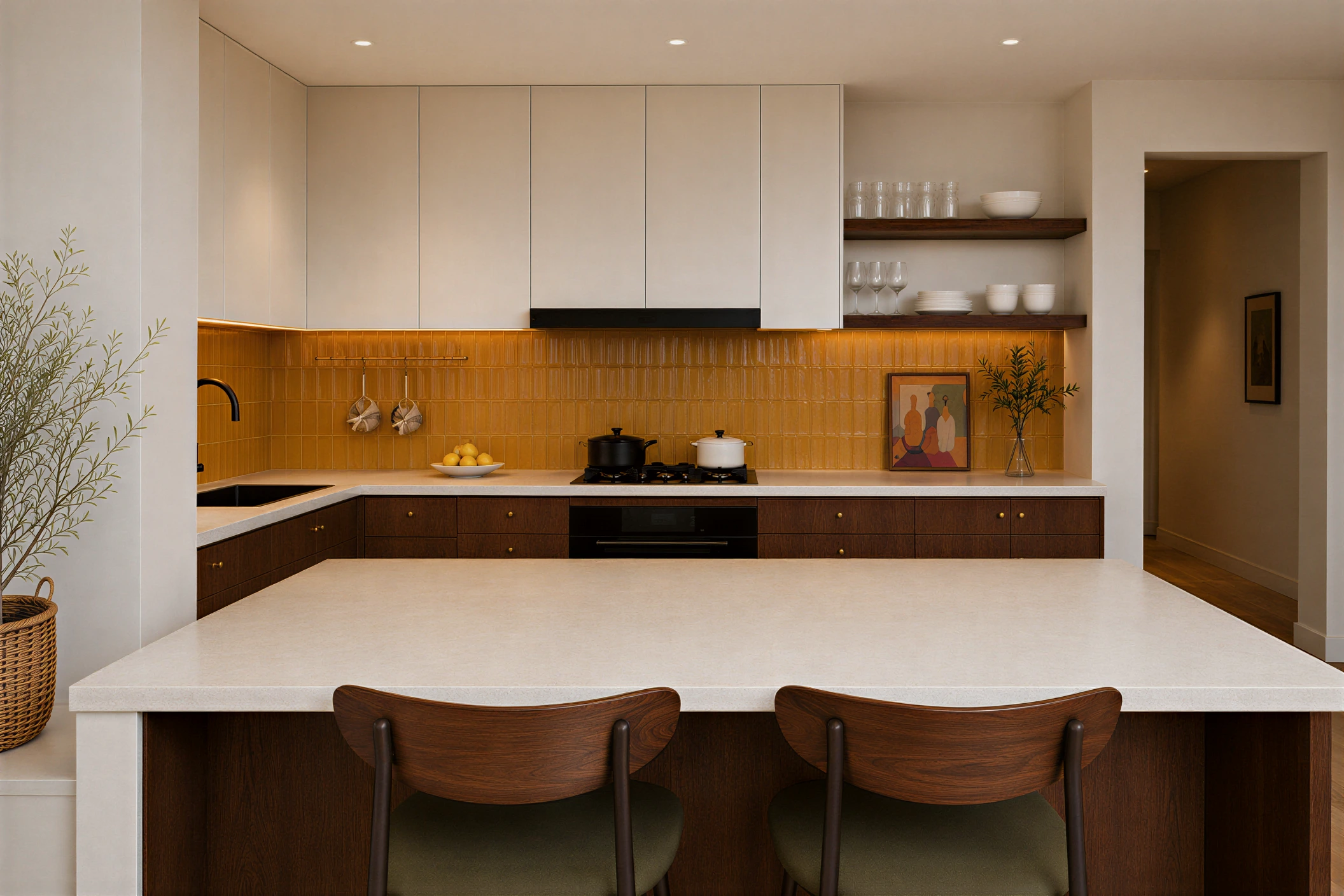 Garden-facing villa interior with neutral furniture and architectural glazing